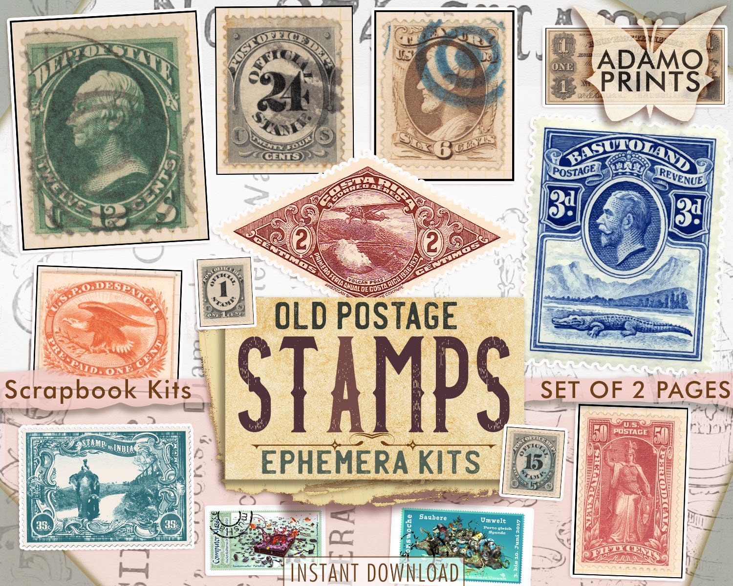 Old Postage Stamps, Faux Stamp, Ephemera Kit, Digital Stamps, Junk ...