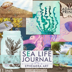 Diario de vida marina, arena y mar, acuarela, coral, concha, caballito de mar, kit de diario basura, playa imprimible, hoja de collage, efímera marina imprimible