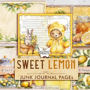 Páginas de diario basura de limón dulce, kit de diario basura en blanco y forrado, hojas de collage de limón, fruta efímera, kit de diario imprimible de álbum de recortes