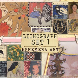 May include: A collage of vintage art prints featuring a variety of styles, including Art Nouveau and Art Deco. The prints are arranged in a grid pattern and feature images of women, flowers, and geometric designs. The title "Lithograph Set 1 Ephemera Art" is displayed at the top of the collage.