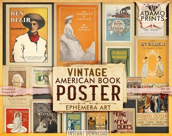 Vintage American Book Poster, Vintage Bilder, digitale Collage, alte Anzeigen, shabby, druckbares Bild, antike Werbung, Scrapbook Kit