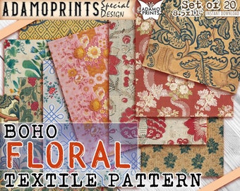 Könnte beinhalten: Set mit 20 digitalen Papierdesigns mit Vintage-Blumenmustern in Rot-, Rosa-, Blau-, Grün- und Gelbtönen. Die Papiere sind 8,5 x 11 Zoll groß und perfekt für Scrapbooking, Kartenherstellung und andere Bastelprojekte.