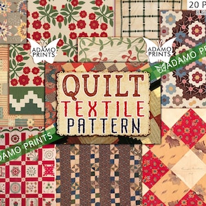 May include: A collage of 20 quilt textile patterns, each with a different design. The patterns are in various colors, including red, green, blue, and brown. The patterns are arranged in a grid, with the text "QUILT TEXTILE PATTERN" in the center.