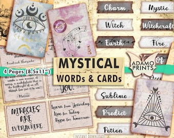 Mystical Words & Cards, Journal Words, Junk Journaling Words, Junk Journal Kit, Definition, Mixed Media, Art Ephemera, Printable Quotes