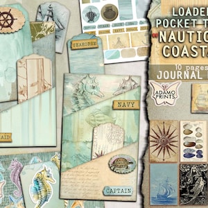 Costera Náutica, Complemento, Kit de Diario Basura, Página de Diario, Etiquetas, Caballito de Mar, Coral, Sirena, Efímera, Kit de Diario Imprimible, Mar