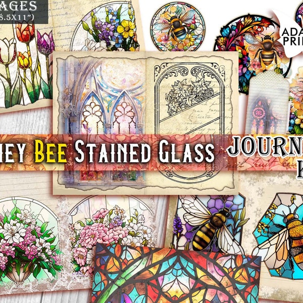 Honey Bee Stained Glass Journal Kit, Journal Page, Collage Sheets, Flower Ephemera, Printable Bee Journal, Scrapbook Bee Flower, Vintage Bee