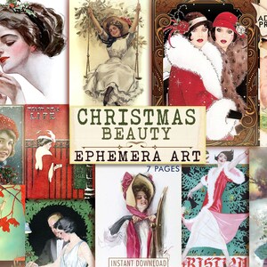Kerstschoonheid, December, Mooie Vrouwen, Kerstkaarten, Collageblad Kerstmis, Vintage Kaarten, Scrapbook, Junk Journal, ATC, Download
