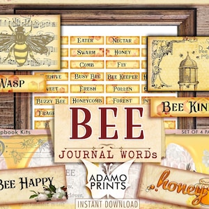 May include: A set of four printable scrapbook pages with a bee theme. The pages feature a variety of images, including bees, honeycombs, and flowers. The text on the pages includes the words "Bee Happy", "Bee Kind", "Honey", and "Journal Words".