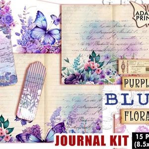 Kit de diario floral azul púrpura, página de diario, papel en blanco y forrado, hojas de collage, botánico, plantas de álbum de recortes efímeras, flor cortada quisquillosa