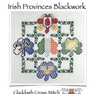 May include: A cross stitch pattern featuring the four provinces of Ireland, each represented by a shamrock with a unique design. The shamrocks are arranged in a square shape with a Claddagh ring in the centre. The pattern is titled "Irish Provinces Blackwork" and includes the text "Claddagh Cross Stitch" and a website address.