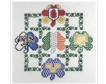 May include: A cross stitch pattern featuring the four provinces of Ireland, each represented by a shamrock with a unique design. The shamrocks are arranged in a square shape with a Claddagh ring in the center. The pattern is titled "Irish Provinces Blackwork" and includes the text "Claddagh Cross Stitch" and a website address.