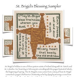 Puede incluir: Un patrón de punto de cruz con un diseño Claddagh con el texto "May St. Brigid bless the house wherein you dwell, as well. Each fireside, wall and door, Every heart that beats, the old and new." El patrón está sobre un fondo crema con puntadas verdes y marrones.