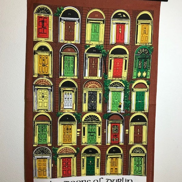 100% Linen Doors of Dublin Irish Printed Tea Towel, Vintage, Unused - Perfect Condition