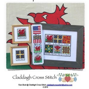 May include: A collection of cross stitch patterns featuring Welsh symbols, including the Welsh dragon, the leek, and the daffodil. The patterns are framed and displayed against a red and white Welsh flag background. The text "Welsh Squares Collection" is at the top of the image. The text "Claddagh Cross Stitch" is at the bottom of the image, along with a website address and copyright information.
