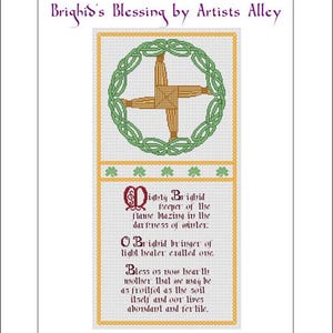 May include: A framed artwork with the text "Brighid's Blessing by Artists Alley." The design features a Celtic knot cross in green and brown, with a border and text in a decorative font. The design size is 10.71 x 22.43 inches.