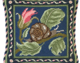 Snail Needlepoint Kit - Dark Blue Background - Beth Russell Miniature Rose Garden Collection