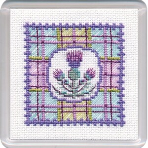 Acrylic Coffee Coaster Cross Stitch Kit - Tartan Thistles - Textile Heritage