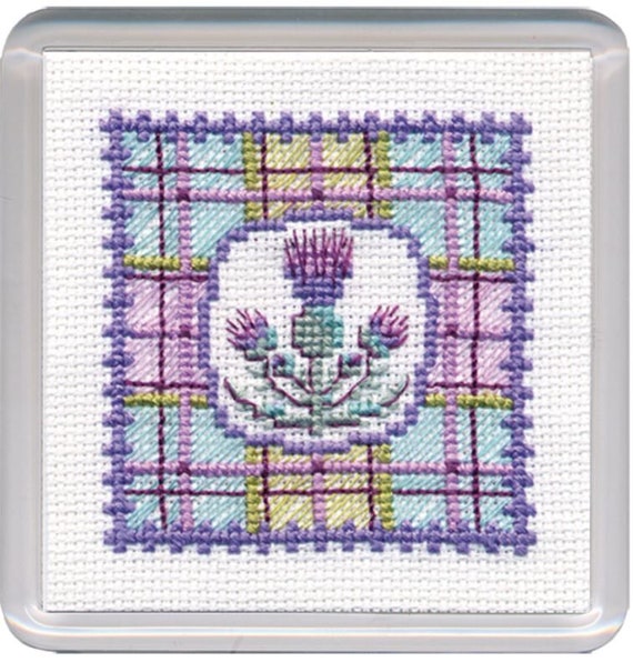 Acrylic Coffee Coaster Cross Stitch Kit - Tartan Thistles - Textile Heritage