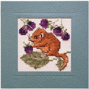 May include: Cross-stitch artwork of a small, orange rodent with a long tail, perched on a green leaf and surrounded by purple berries. The artwork is framed in a square, light blue mat.