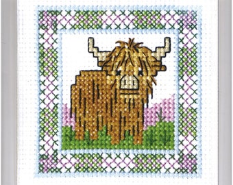 Wee Hieland Coo Coaster Cross Stitch Kit, Highland Cow, Cattle, Cowboy Gift, Cowgirl Gift, Textile Heritage, Made in Scotland