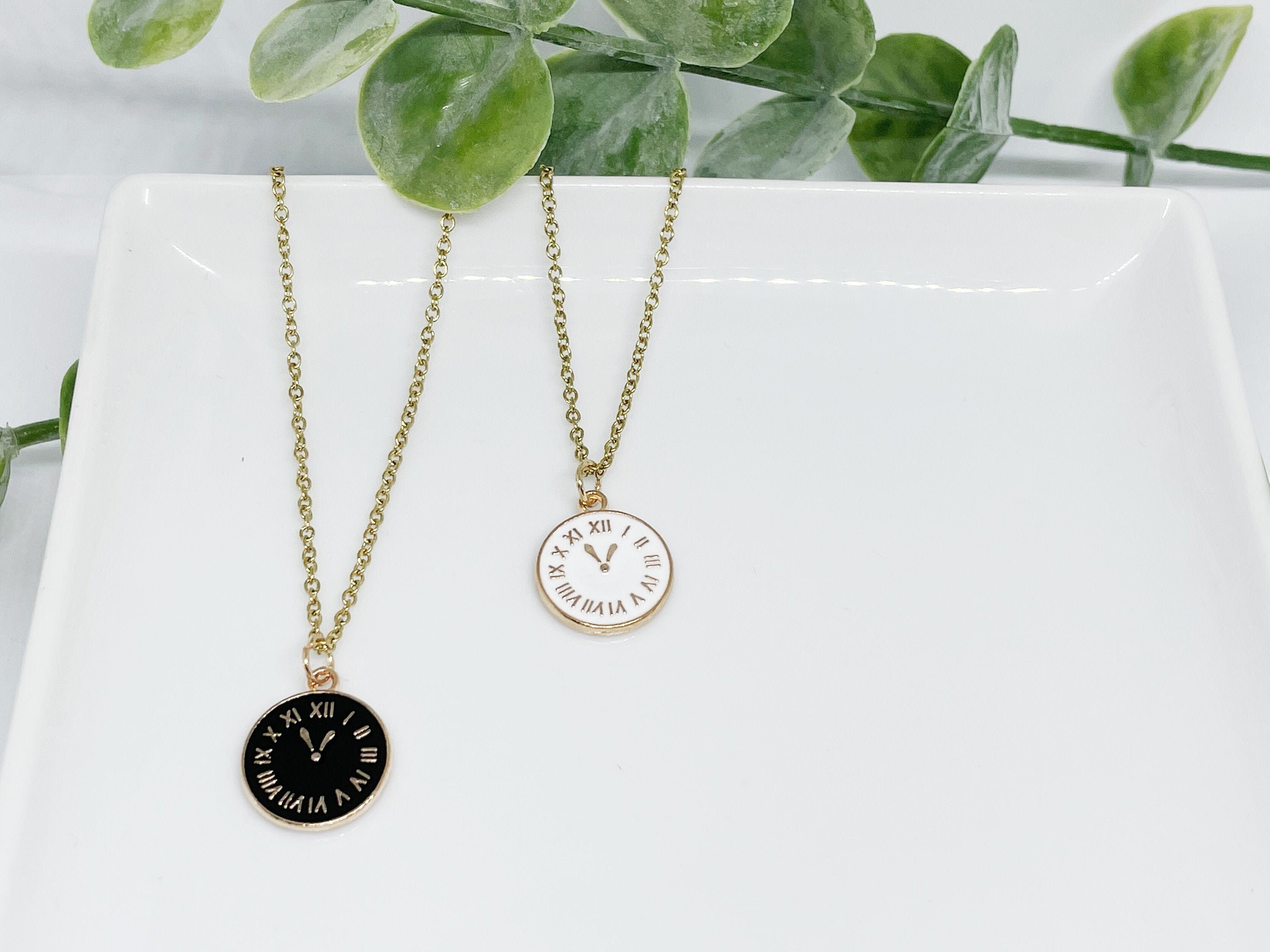 Clock Face Necklace Enamel Clock Gold Chain Gift Idea Etsy