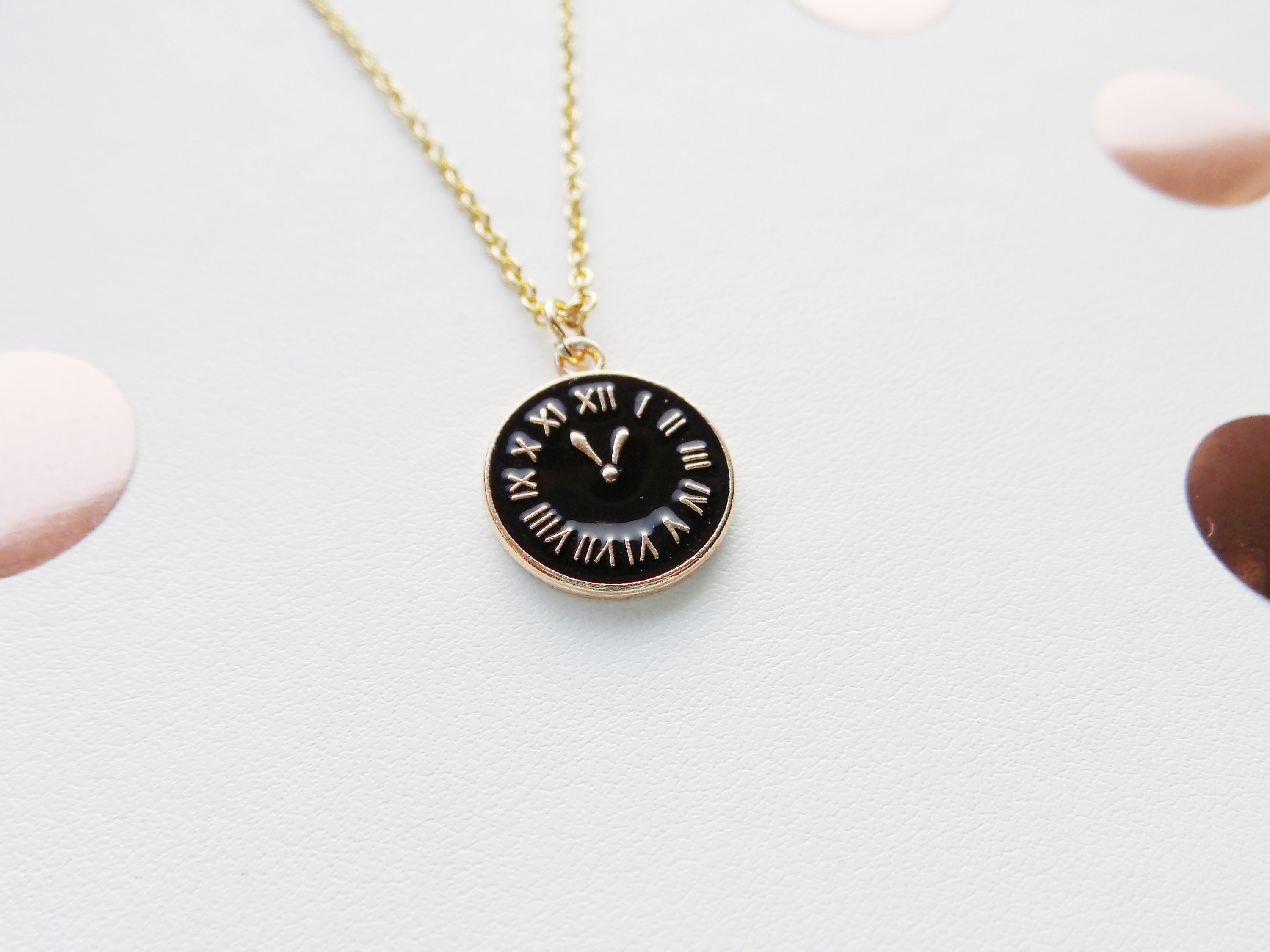 Clock Face Necklace Enamel Clock Gold Chain Gift Idea Etsy UK
