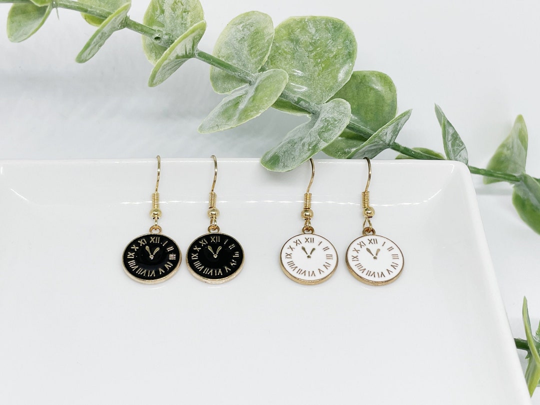 Clock Face Earrings Enamel Clock Gold Chain Gift Idea Etsy UK