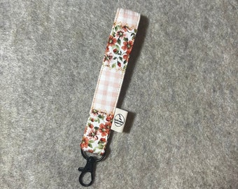 Pink Gingham & Flowers Quilted - Wristlet Keychain, Wrist Keychain, Key Fob, Fabric Cotton Key