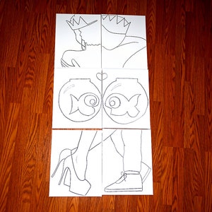 May include: A set of four black and white printable coloring pages featuring a couple with crowns, fish bowls, and shoes. The pages are designed to be cut out and assembled into a larger image.