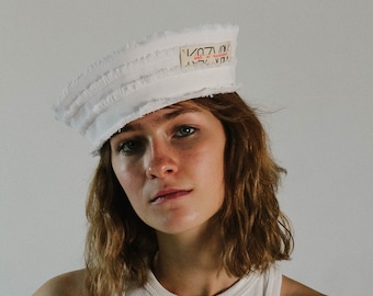 Upcycled White Distressed Denim Sailor Hat | Unisex Sailor Navy Cap | Sustainable Eco Fashion