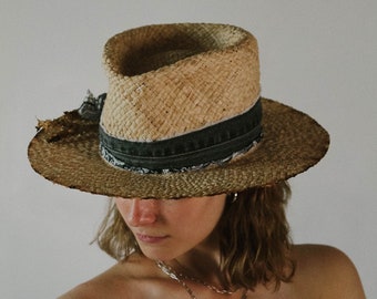 Distressed Fedora Straw Sun Hat with Upcycled Denim