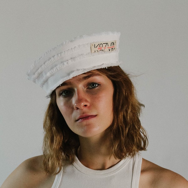 Upcycled White Distressed Denim Sailor Hat | Unisex Sailor Navy Cap | Sustainable Eco Fashion