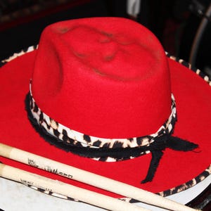Red Distressed Fedora Hat | Skull Crown | Leopard Decoration