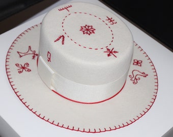 White Women Flat Top Hat with Ukrainian Handmade Embroidery