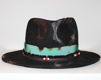 Black Distressed Fedora Hat | Custom Bespoke Men Women Hat | Burnt Painted Bleached Distressed | Hand Embroidery