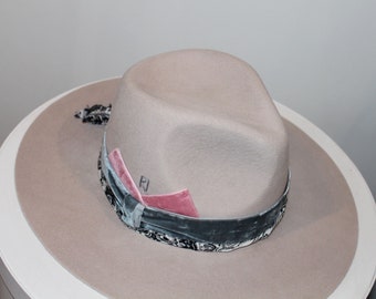 Beige Hand Made Fedora with Velvet Hat Band and Silk Ribbon | Hard Stiffness