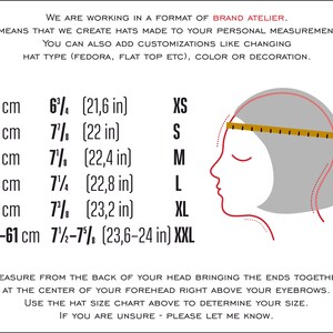 May include: A chart showing hat sizes in inches and centimeters. The chart includes a diagram of a person's head with a measuring tape across the forehead. The text reads: "We are working in a format of Brand Atelier. It means that we create hats made to your personal measurements. You can also add customizations like changing hat type (fedora, flat top etc), color or decoration."