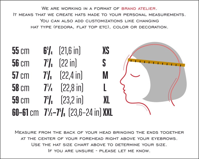 May include: A chart showing hat sizes in inches and centimeters. The chart includes a diagram of a person's head with a measuring tape across the forehead. The text reads: "We are working in a format of Brand Atelier. It means that we create hats made to your personal measurements. You can also add customizations like changing hat type (fedora, flat top etc), color or decoration."