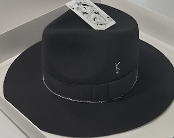 Unisex Black Hand Made Felt Fedora Hat With Decorative Chain