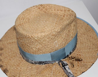 Unisex Straw Fedora Sun Hat with Blue Ribbon