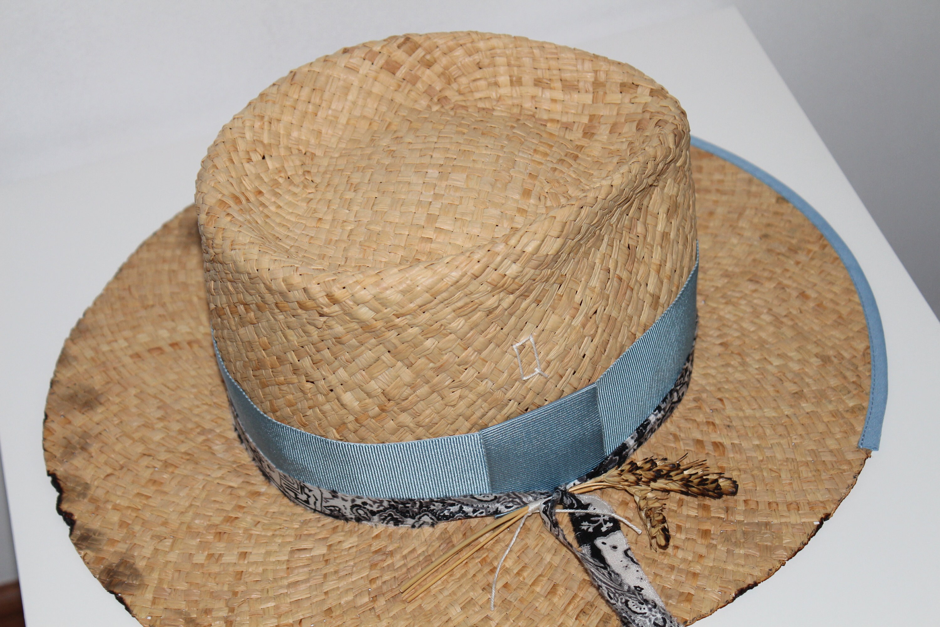 Unisex Straw Fedora Sun Hat With Blue Ribbon - Etsy display picture 2