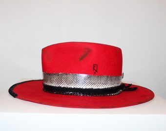 Red Distressed Fedora Hat With Upcycled Denim | Snake Skin  display picture 3