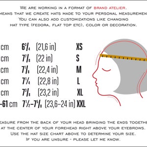 Puede incluir: Un gr&aacute;fico que muestra los tama&ntilde;os de los sombreros en pulgadas y cent&iacute;metros. El gr&aacute;fico incluye un diagrama de una cabeza humana con una cinta m&eacute;trica sobre la frente. El texto dice: "Estamos trabajando en un formato de Brand Atelier. Esto significa que creamos sombreros hechos a sus medidas personales. Tambi&eacute;n puede agregar personalizaciones como cambiar el tipo de sombrero (fedora, sombrero plano, etc.), el color o la decoraci&oacute;n."