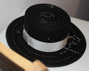Black Felt Boater Hat With Hand Made Embroidery - Etsy display picture 3