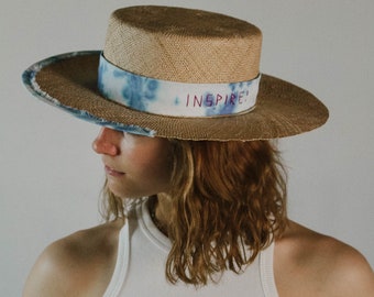 Unisex Bao Straw Boater Sun Hat with Tie-dyed Cotton Ribbon
