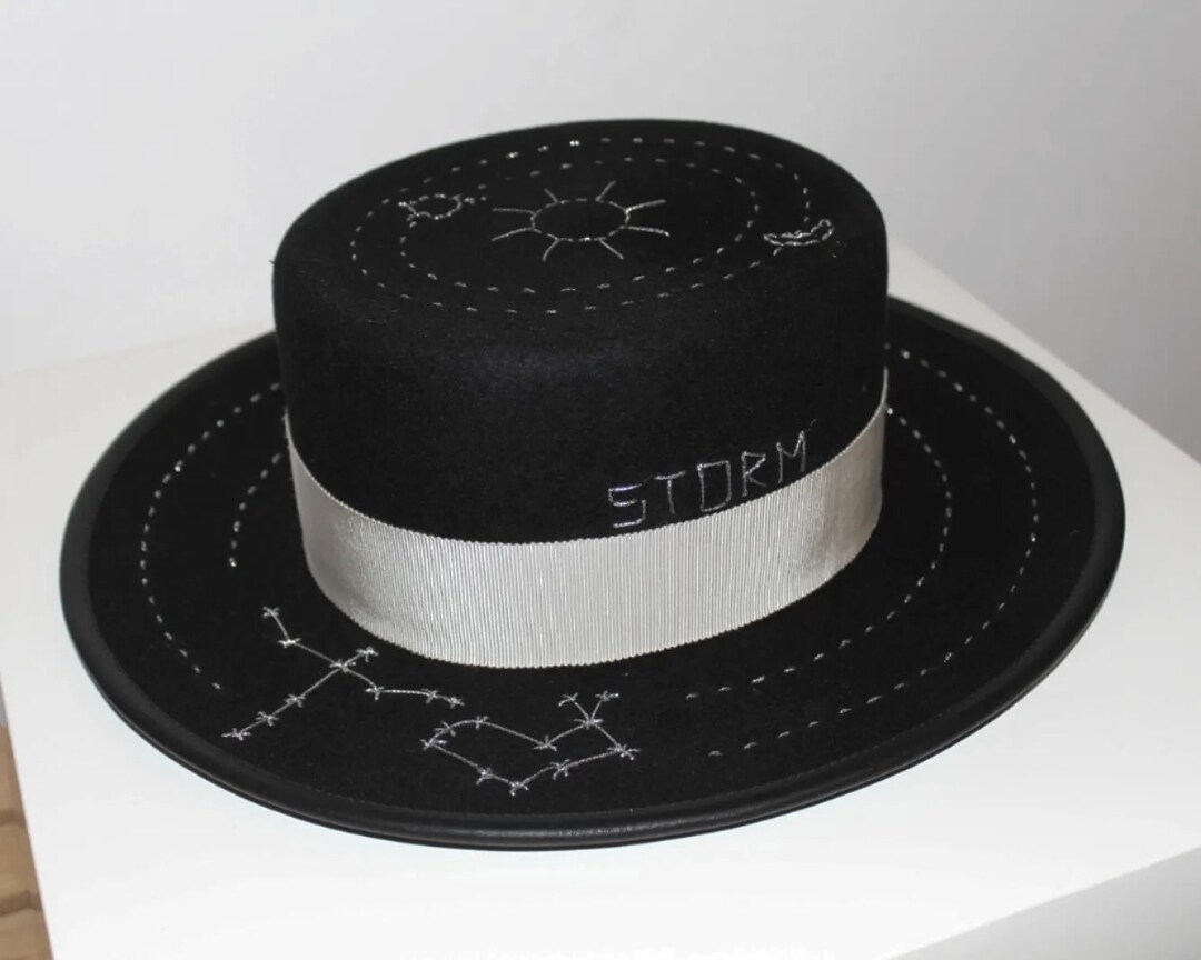 Black Felt Boater Hat With Hand Made Embroidery - Etsy display picture 1