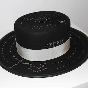 Black Felt Boater Hat With Hand Made Embroidery