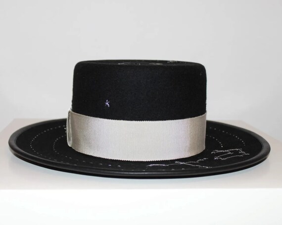 Black Felt Boater Hat With Hand Made Embroidery - Etsy display picture 2