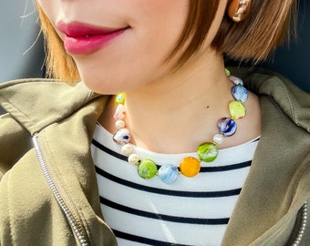 Summer Colorful Necklace, Pearl Necklace, Colorful Beaded Pearl Necklace, Chunky Necklace, Layering Necklace, Summer Layering Necklace