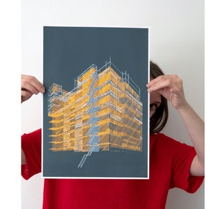 Orange scaffolding structure in front of a building, depicted in a bold three-color hand-pulled A3 screenprint.